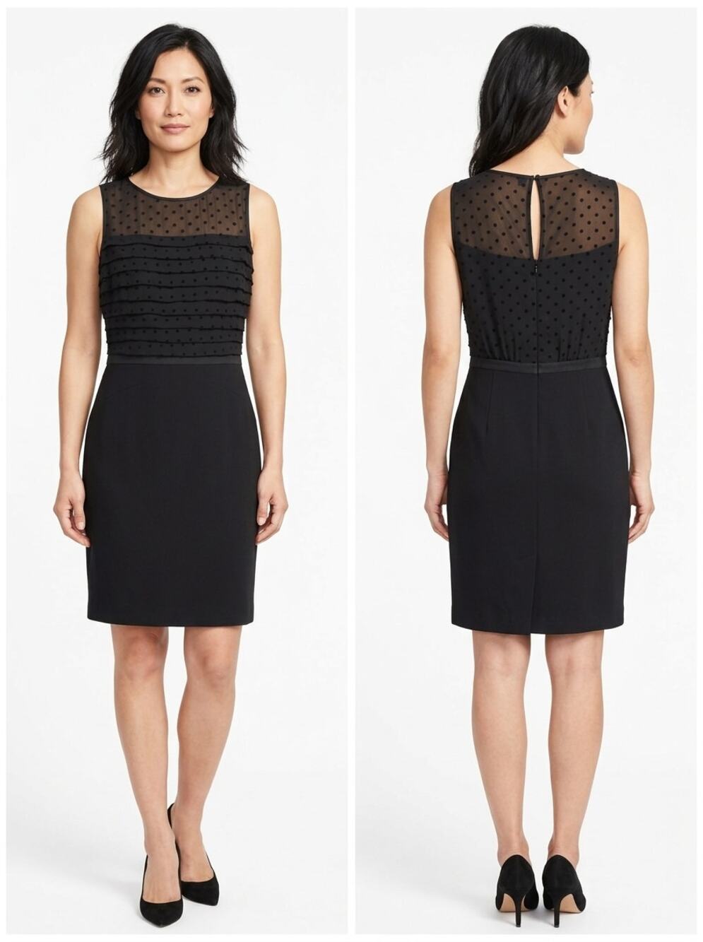 Loft Black Sleeveless Swiss Dot Tiered Ruffle Sheath Dress Women Size 4